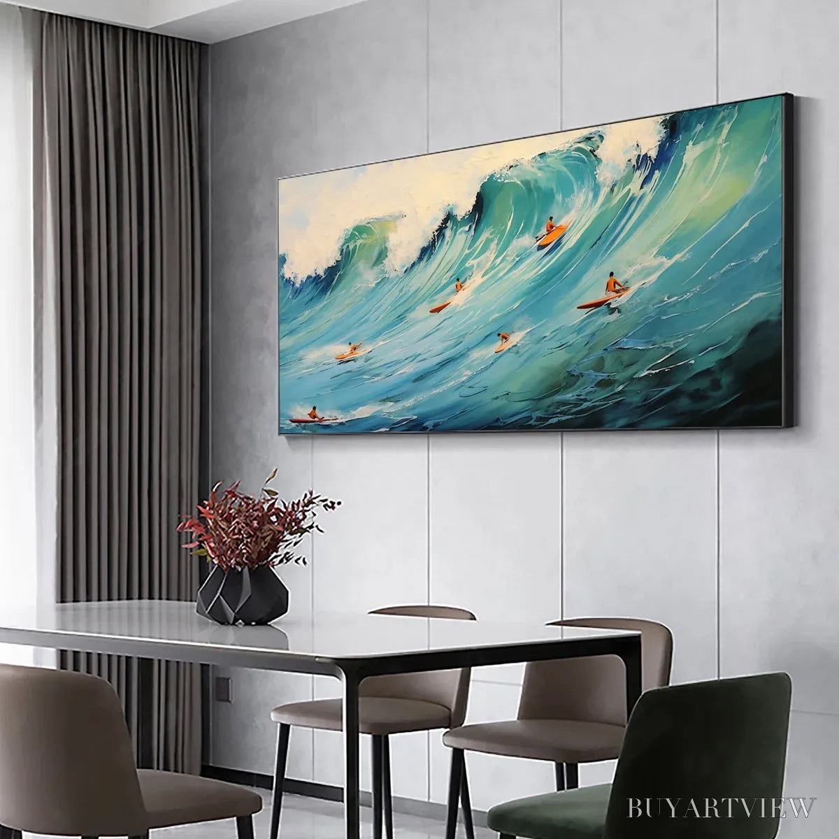 BUYARTVIEW Epic Ride – Panoramic Ocean Painting of Surfers on a Majestic Wave - image 4