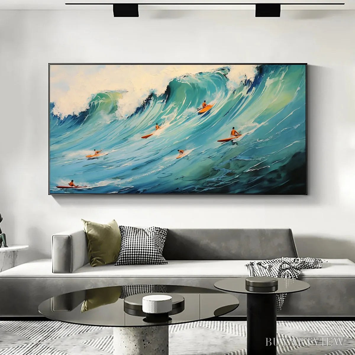 BUYARTVIEW Epic Ride – Panoramic Ocean Painting of Surfers on a Majestic Wave - image 5