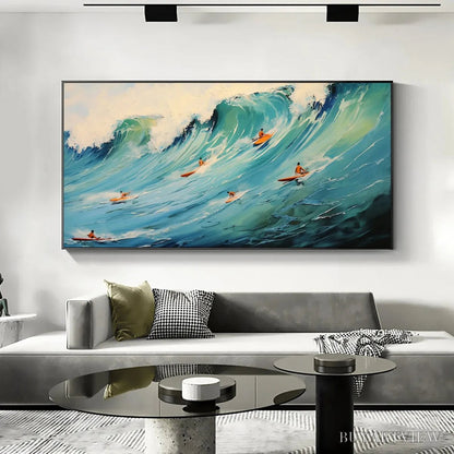 BUYARTVIEW Epic Ride – Panoramic Ocean Painting of Surfers on a Majestic Wave - image 5