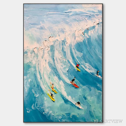 BUYARTVIEW Catching the Wave – Vertical Ocean Painting of Surfers Riding a Wave - image 1
