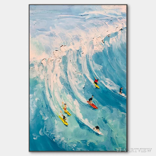 BUYARTVIEW Catching the Wave – Vertical Ocean Painting of Surfers Riding a Wave - image 1