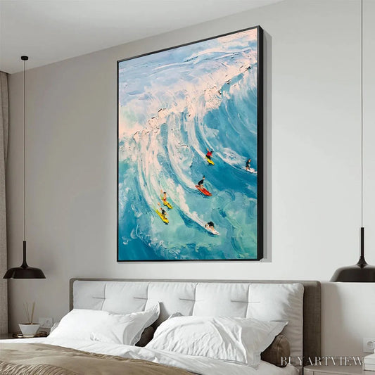 BUYARTVIEW Catching the Wave – Vertical Ocean Painting of Surfers Riding a Wave - image 2