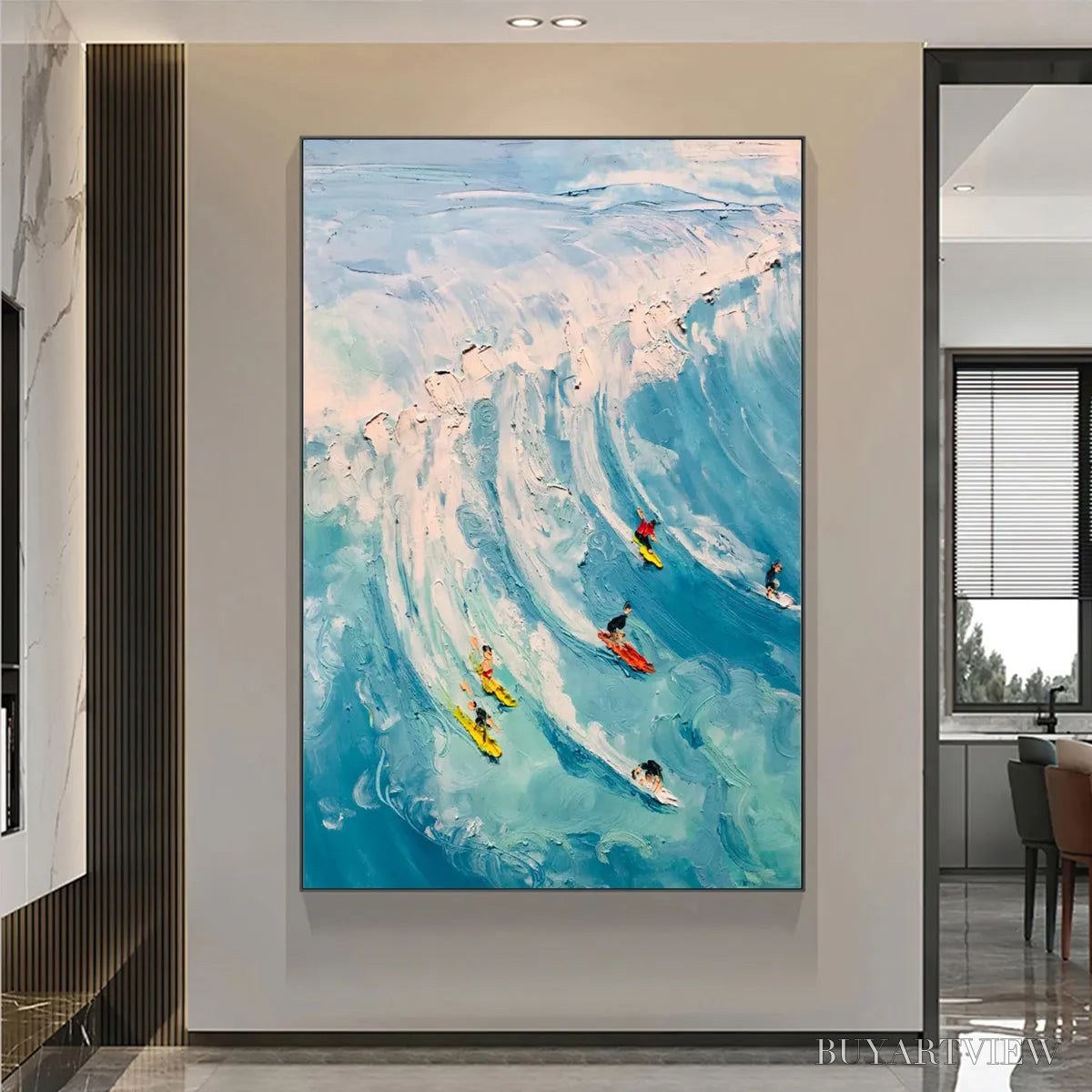 BUYARTVIEW Catching the Wave – Vertical Ocean Painting of Surfers Riding a Wave - image 4