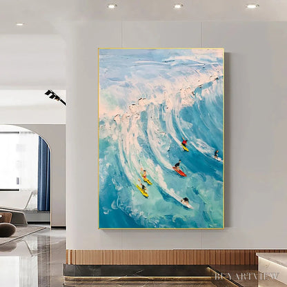 BUYARTVIEW Catching the Wave – Vertical Ocean Painting of Surfers Riding a Wave - image 5