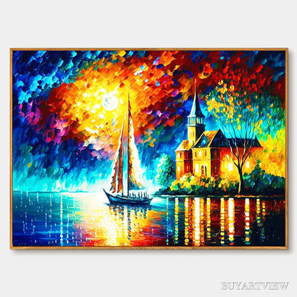 BUYARTVIEW Sanctuary by the Sea – Coastal Landscape Oil Painting with Sailboat and Church - image 1