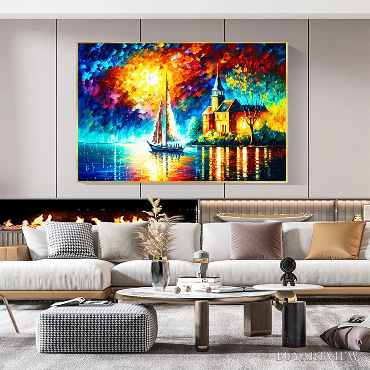BUYARTVIEW Sanctuary by the Sea – Coastal Landscape Oil Painting with Sailboat and Church - image 2