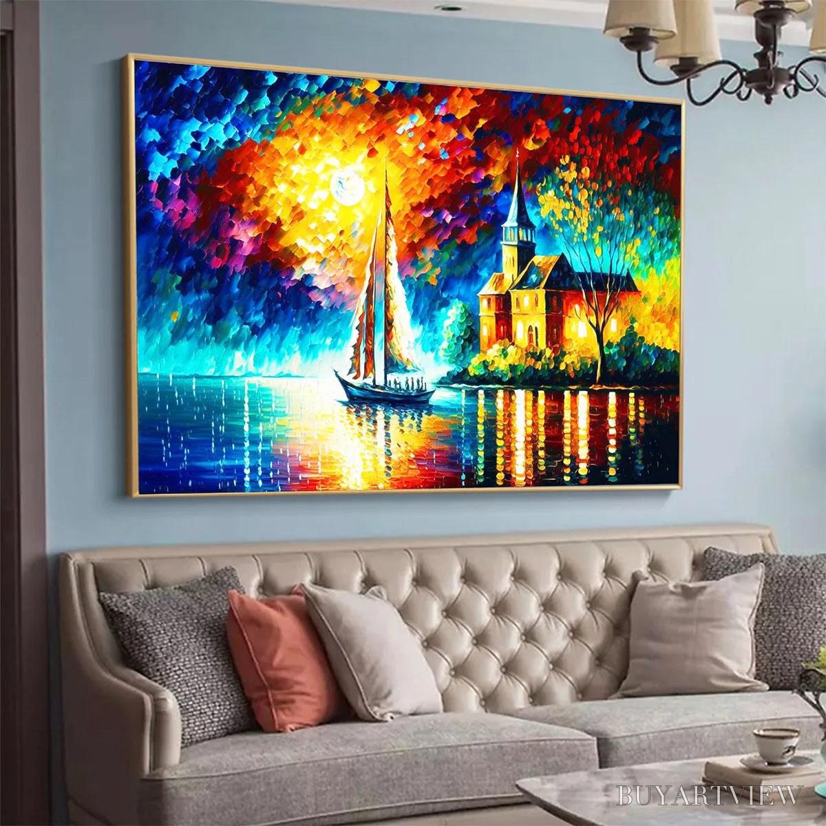 BUYARTVIEW Sanctuary by the Sea – Coastal Landscape Oil Painting with Sailboat and Church - image 3