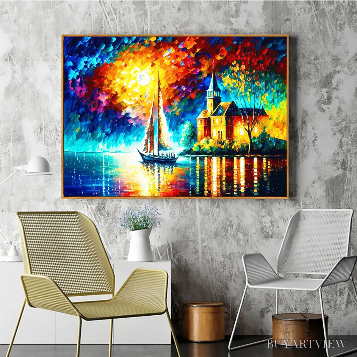 BUYARTVIEW Sanctuary by the Sea – Coastal Landscape Oil Painting with Sailboat and Church - image 4