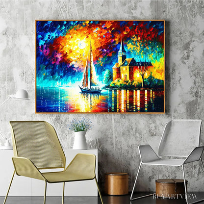 BUYARTVIEW Sanctuary by the Sea – Coastal Landscape Oil Painting with Sailboat and Church - image 4