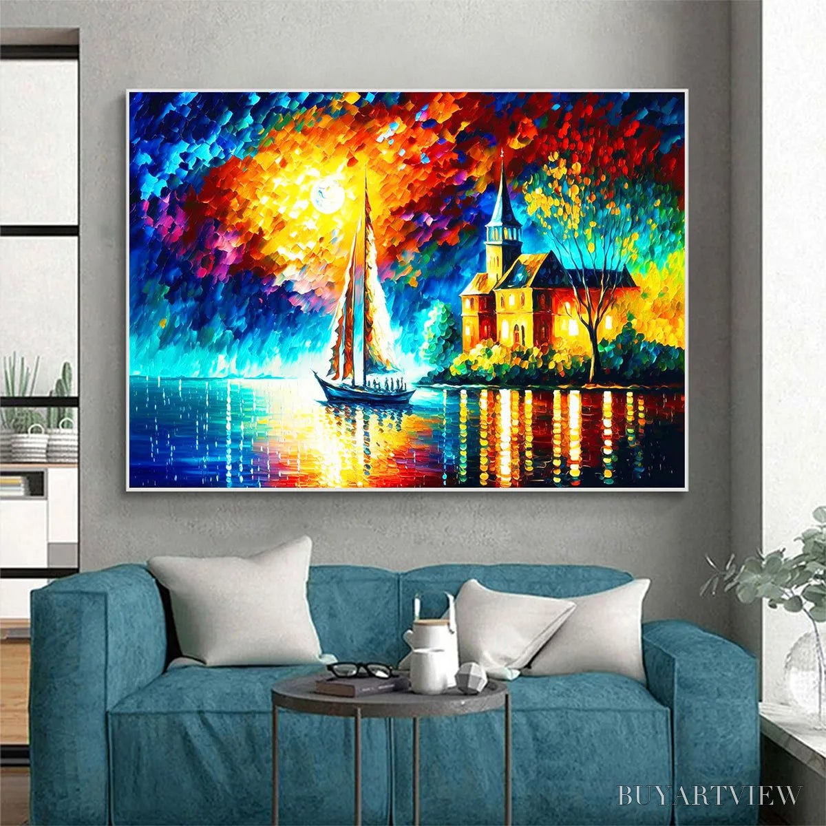 BUYARTVIEW Sanctuary by the Sea – Coastal Landscape Oil Painting with Sailboat and Church - image 5