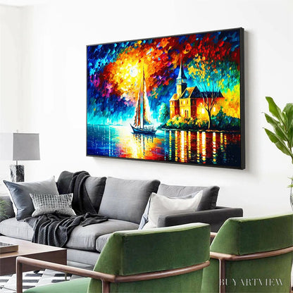 BUYARTVIEW Sanctuary by the Sea – Coastal Landscape Oil Painting with Sailboat and Church - image 6