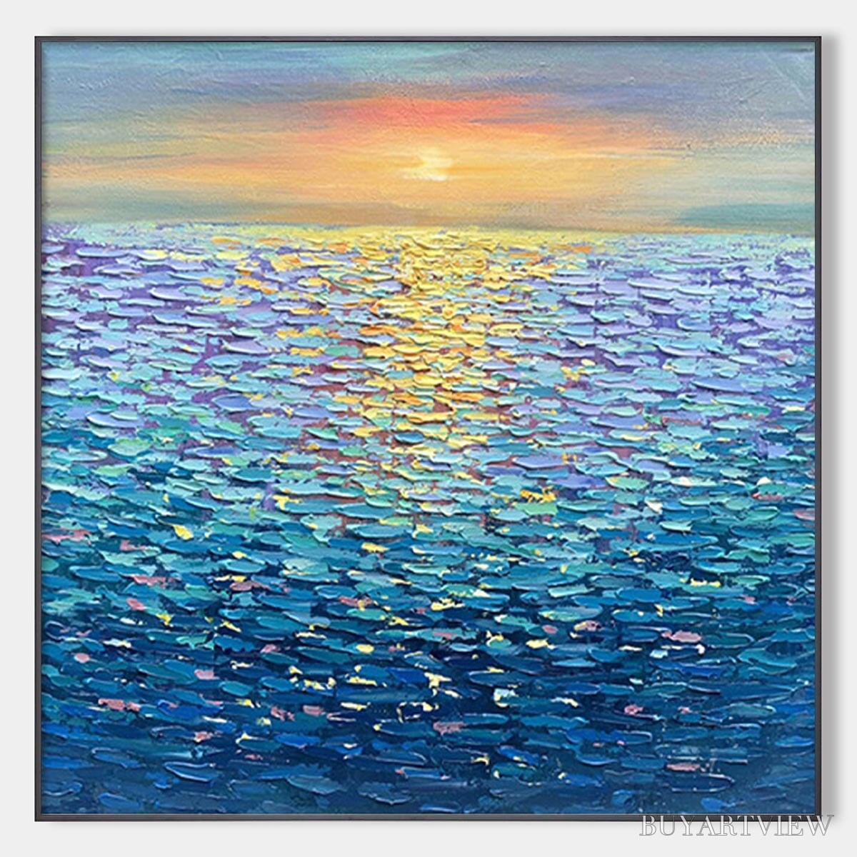 BUYARTVIEW Golden Sunset Over Water – Square Textured Seascape Painting, Palette Knife Ocean Sunset, Blue, Living… - image 1