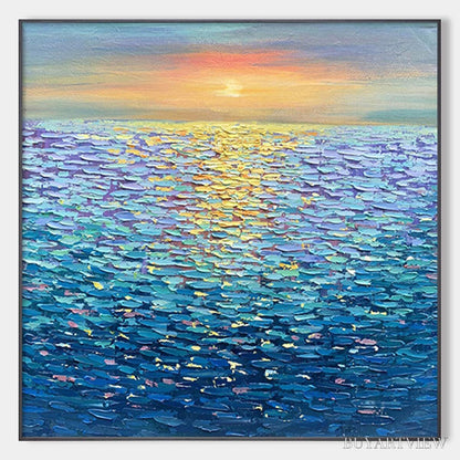 BUYARTVIEW Golden Sunset Over Water – Square Textured Seascape Painting, Palette Knife Ocean Sunset, Blue, Living… - image 1