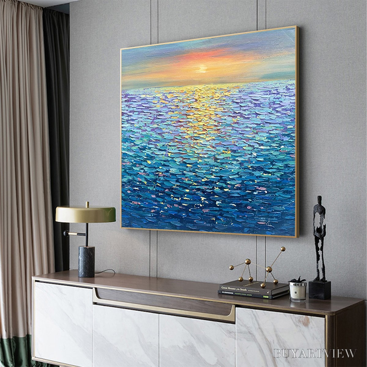 BUYARTVIEW Golden Sunset Over Water – Square Textured Seascape Painting, Palette Knife Ocean Sunset, Blue, Living… - image 4