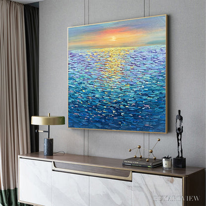 BUYARTVIEW Golden Sunset Over Water – Square Textured Seascape Painting, Palette Knife Ocean Sunset, Blue, Living… - image 4