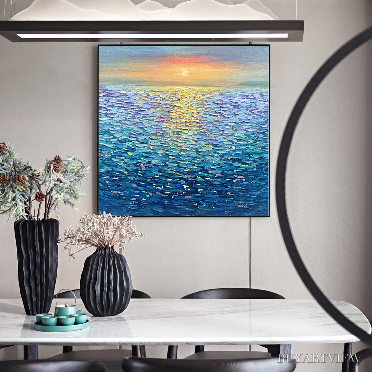 BUYARTVIEW Golden Sunset Over Water – Square Textured Seascape Painting, Palette Knife Ocean Sunset, Blue, Living… - image 6