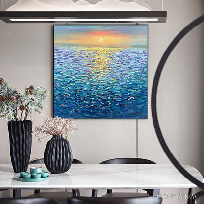 BUYARTVIEW Golden Sunset Over Water – Square Textured Seascape Painting, Palette Knife Ocean Sunset, Blue, Living… - image 6