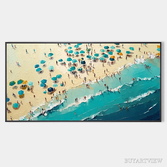 BUYARTVIEW Summer Afternoon – Beach Scene Oil Painting with Beach Umbrellas - image 1