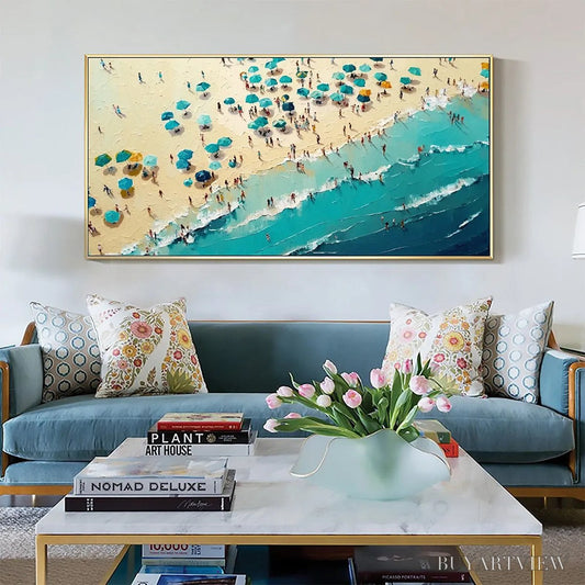 BUYARTVIEW Summer Afternoon – Beach Scene Oil Painting with Beach Umbrellas - image 2