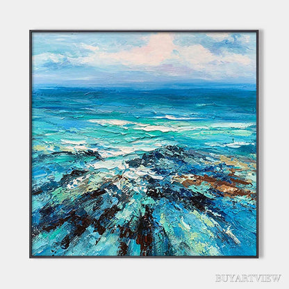 BUYARTVIEW Azure Depths – Impasto Seascape Oil Painting in Blues and Greens - image 1