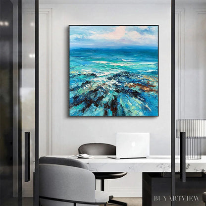 BUYARTVIEW Azure Depths – Impasto Seascape Oil Painting in Blues and Greens - image 5