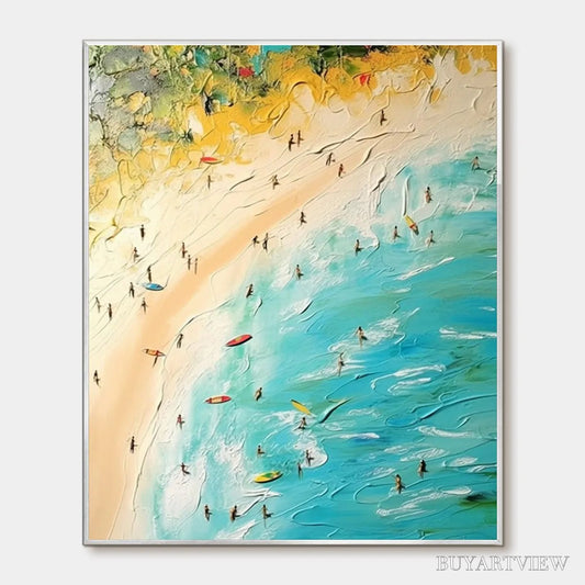 BUYARTVIEW Seaside Reverie – Impasto Beach Scene Oil Painting with Figures - image 1