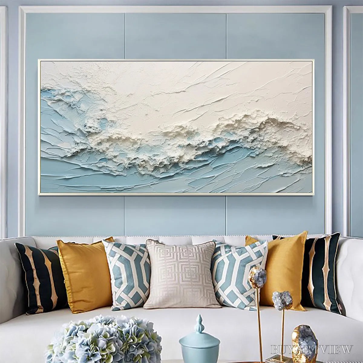 BUYARTVIEW Serene Seascape – Panoramic Textured Abstract Painting, Impasto , Blue, White, Beige, Living Room, Bedroom - image 2