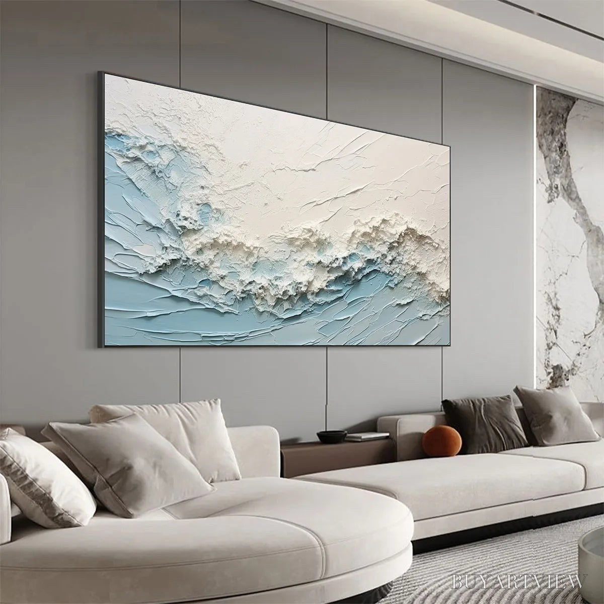 BUYARTVIEW Serene Seascape – Panoramic Textured Abstract Painting, Impasto , Blue, White, Beige, Living Room, Bedroom - image 5