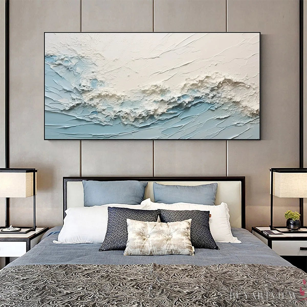 BUYARTVIEW Serene Seascape – Panoramic Textured Abstract Painting, Impasto , Blue, White, Beige, Living Room, Bedroom - image 6