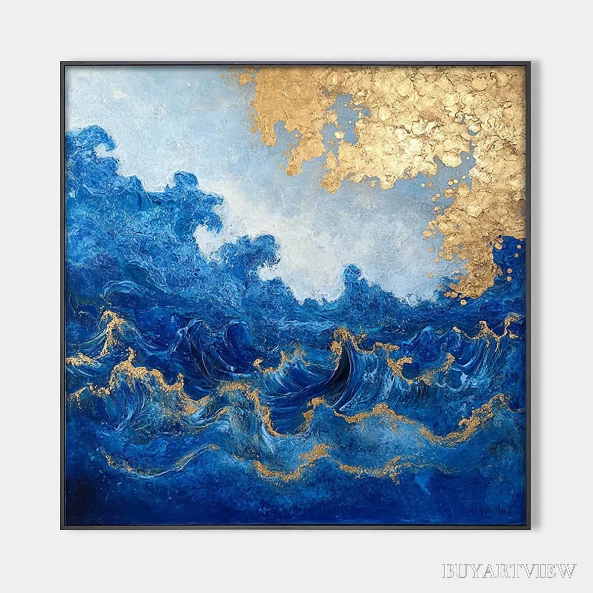 BUYARTVIEW Azure Crest – Square Abstract Ocean Waves Oil Painting with Gold Leaf - image 1
