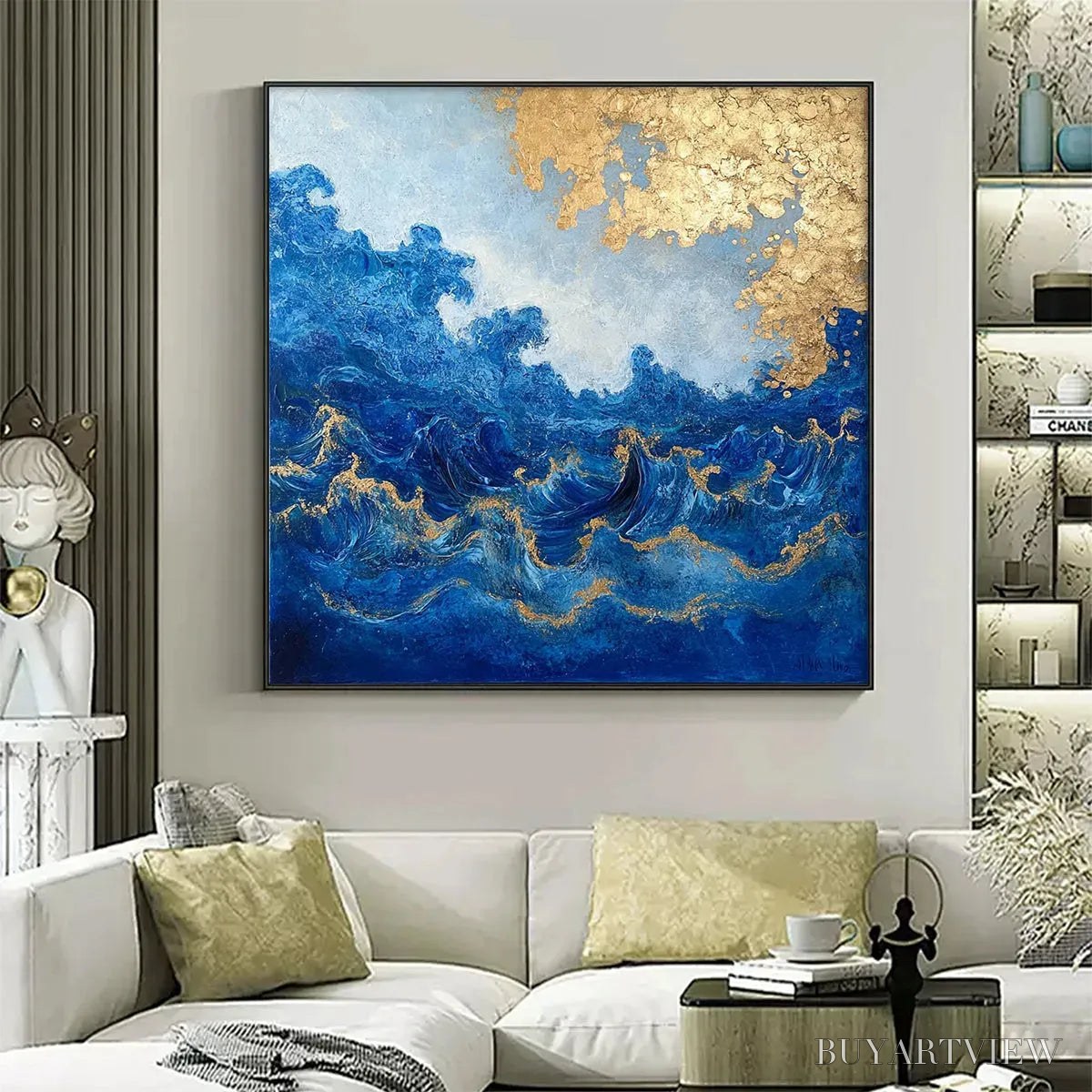 BUYARTVIEW Azure Crest – Square Abstract Ocean Waves Oil Painting with Gold Leaf - image 2