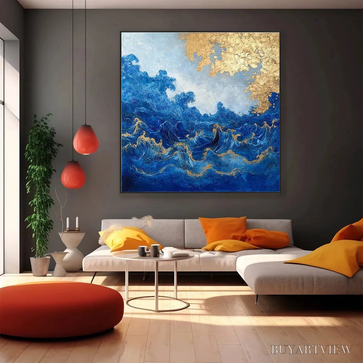 BUYARTVIEW Azure Crest – Square Abstract Ocean Waves Oil Painting with Gold Leaf - image 4