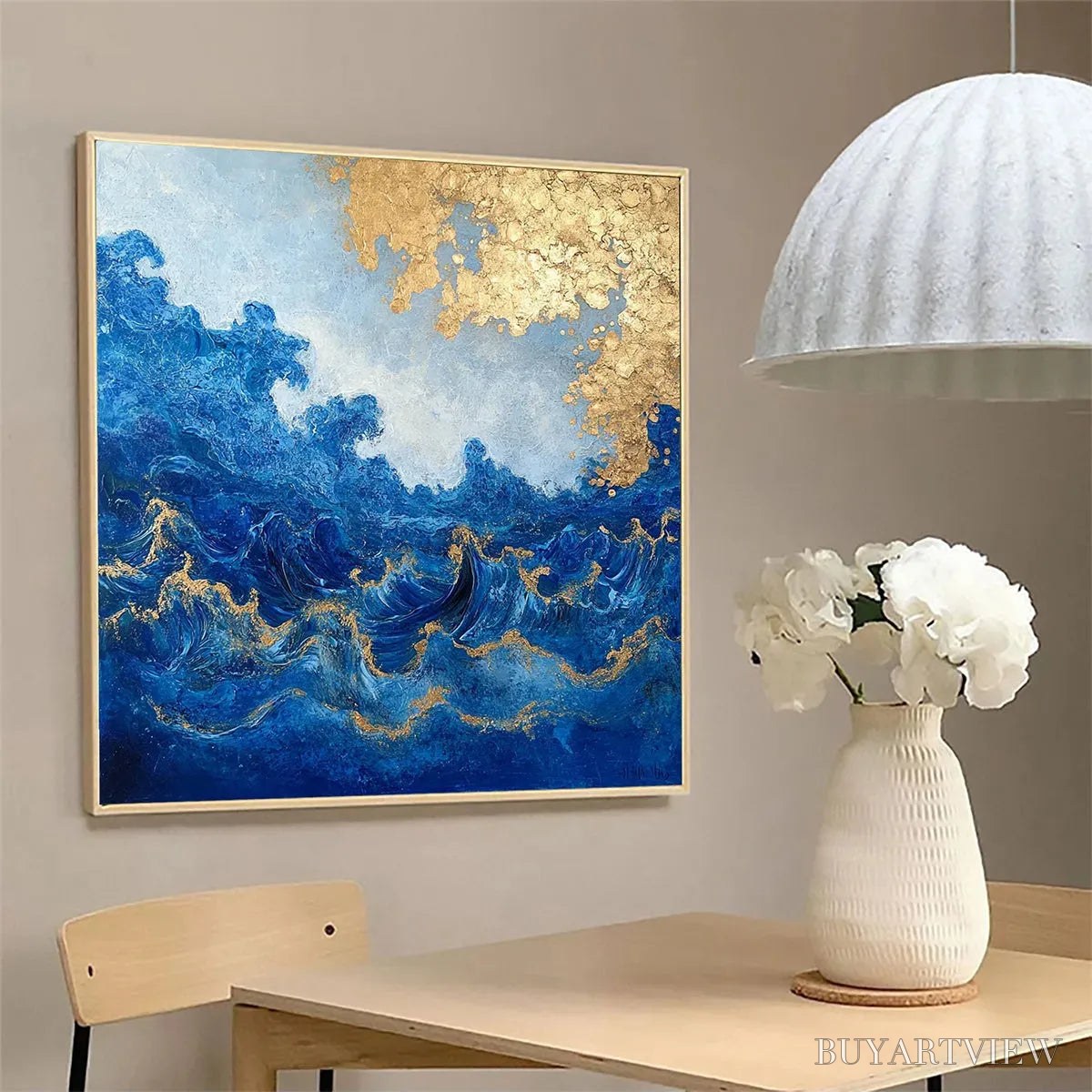 BUYARTVIEW Azure Crest – Square Abstract Ocean Waves Oil Painting with Gold Leaf - image 5