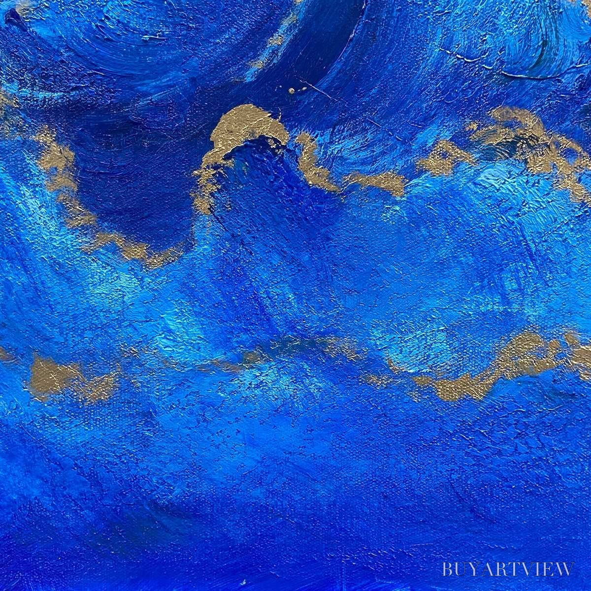 BUYARTVIEW Azure Crest – Square Abstract Ocean Waves Oil Painting with Gold Leaf - image 6
