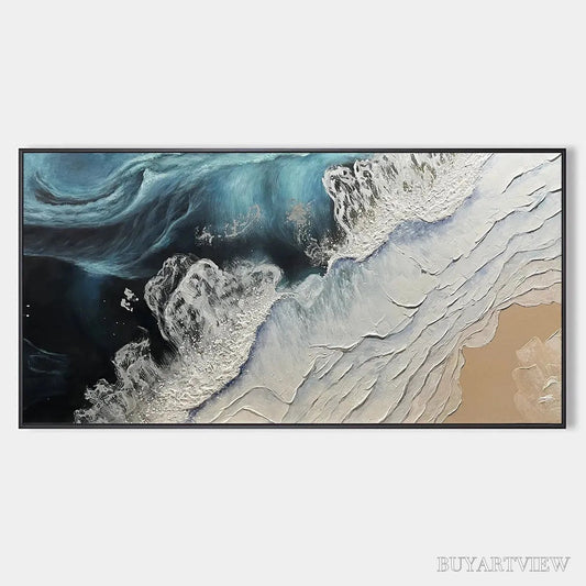 BUYARTVIEW Ocean’S Embrace – Ocean Painting in Blue, White, and Beige, Textured Canvas, Modern - image 1
