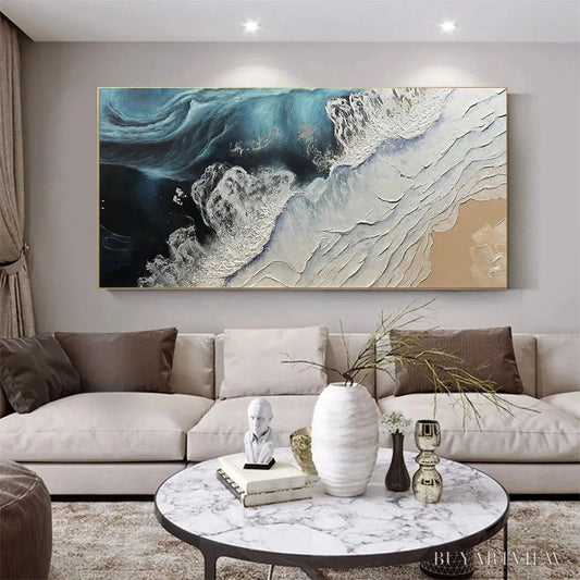 BUYARTVIEW Ocean’S Embrace – Ocean Painting in Blue, White, and Beige, Textured Canvas, Modern - image 2