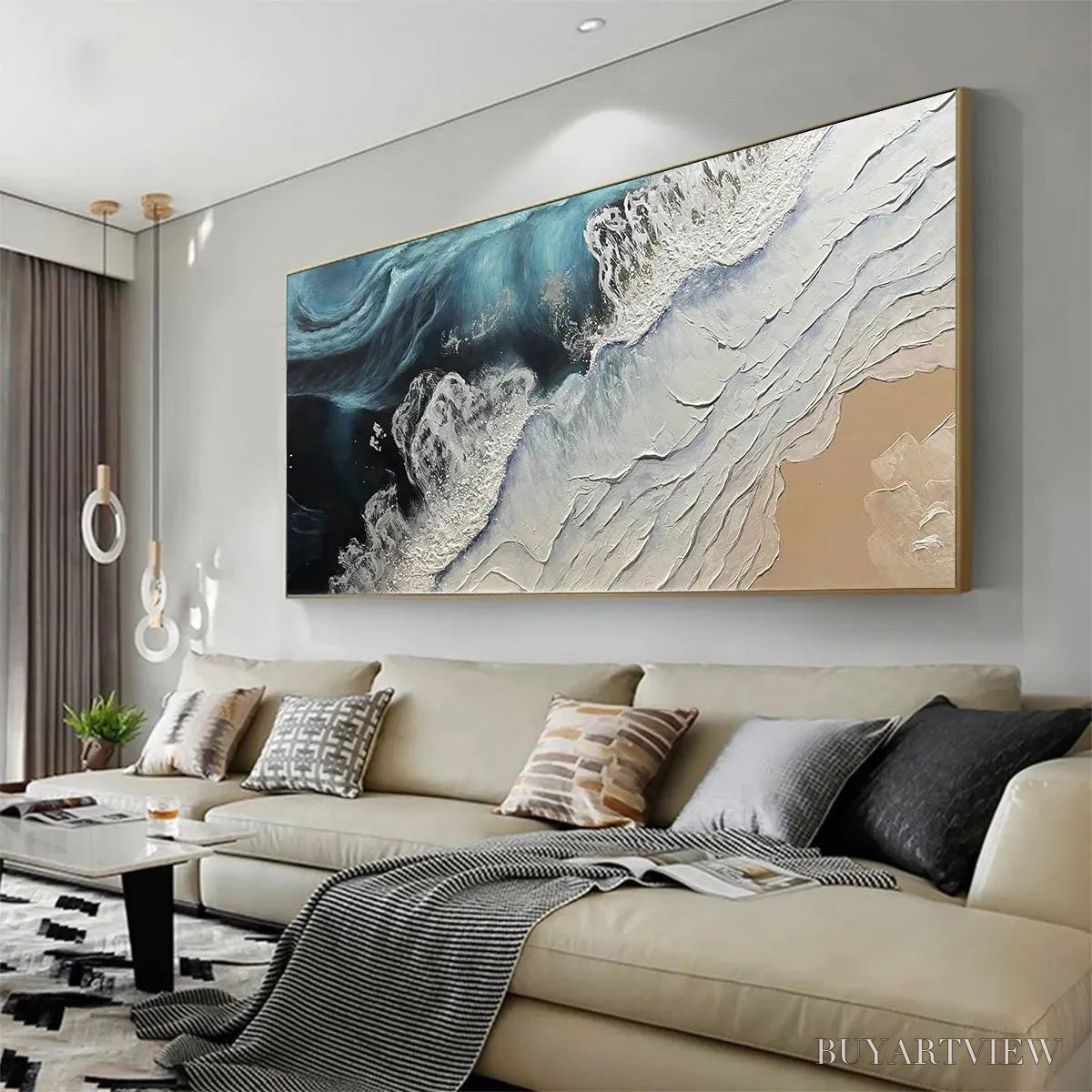 BUYARTVIEW Ocean’S Embrace – Ocean Painting in Blue, White, and Beige, Textured Canvas, Modern - image 4