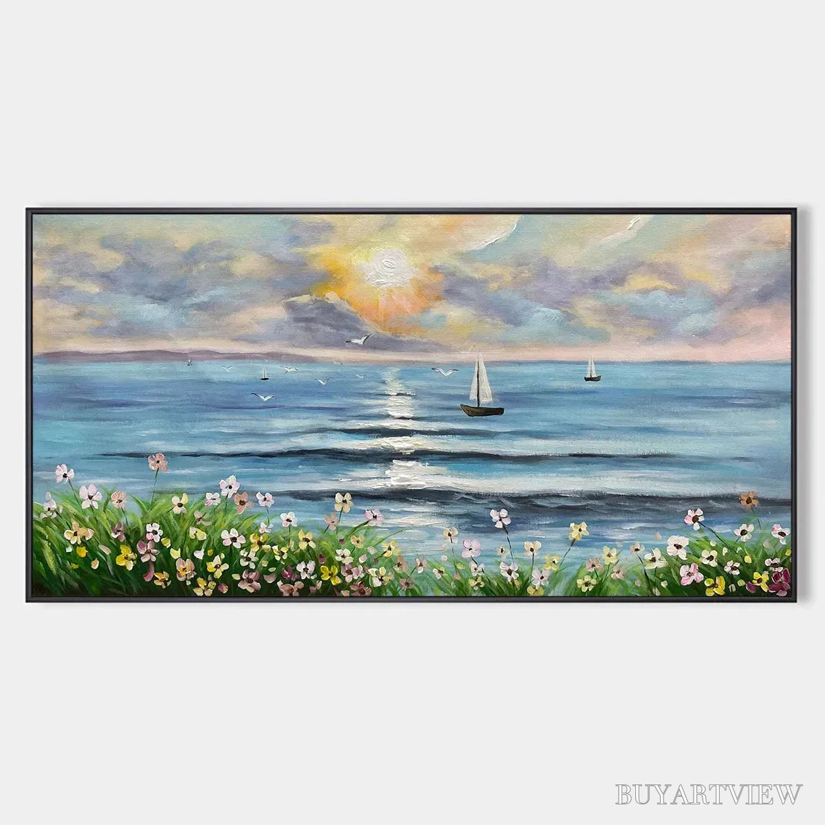 BUYARTVIEW Sunset Sail – Coastal Sunset Painting, Sailboat and Wildflowers, Horizontal Canvas, Ocean Decor - image 1