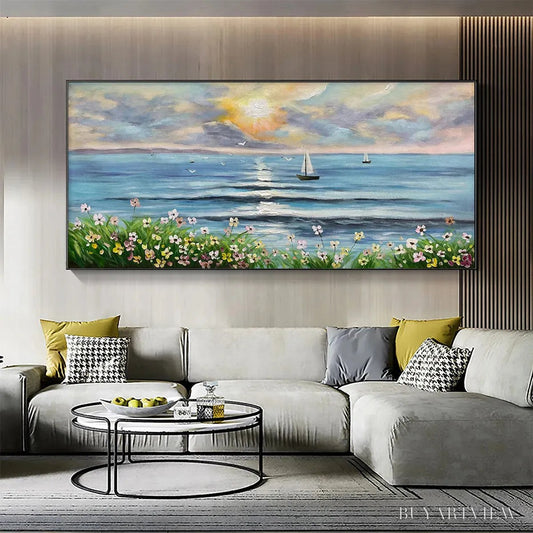 BUYARTVIEW Sunset Sail – Coastal Sunset Painting, Sailboat and Wildflowers, Horizontal Canvas, Ocean Decor - image 2