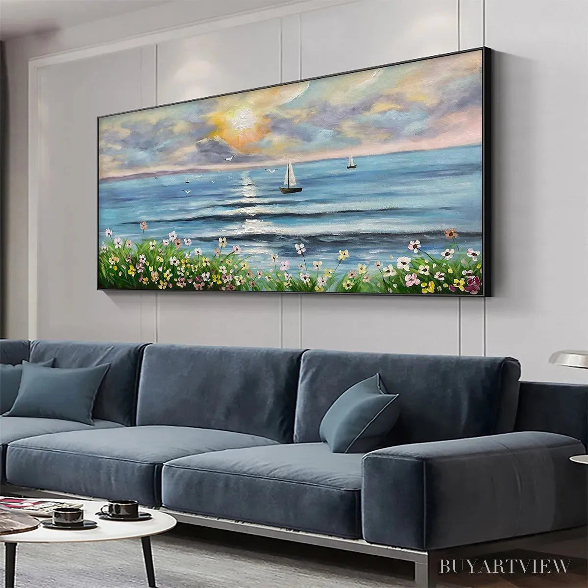 BUYARTVIEW Sunset Sail – Coastal Sunset Painting, Sailboat and Wildflowers, Horizontal Canvas, Ocean Decor - image 4