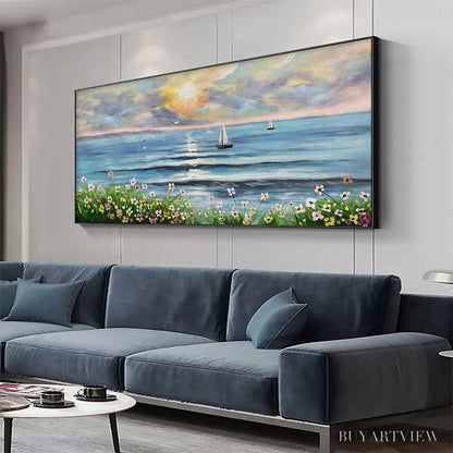 BUYARTVIEW Sunset Sail – Coastal Sunset Painting, Sailboat and Wildflowers, Horizontal Canvas, Ocean Decor - image 4