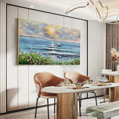 BUYARTVIEW Sunset Sail – Coastal Sunset Painting, Sailboat and Wildflowers, Horizontal Canvas, Ocean Decor - image 6