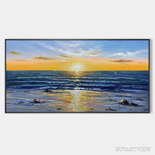 BUYARTVIEW Sunkissed Shores – Panoramic Beach Sunset Painting - image 1