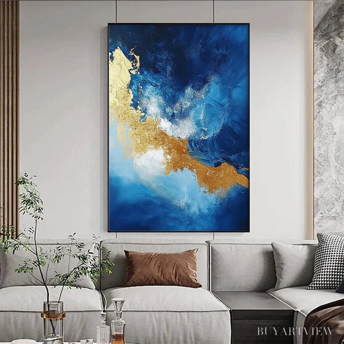 BUYARTVIEW Golden Tide – Vertical Abstract Painting, Blue, Gold - image 2