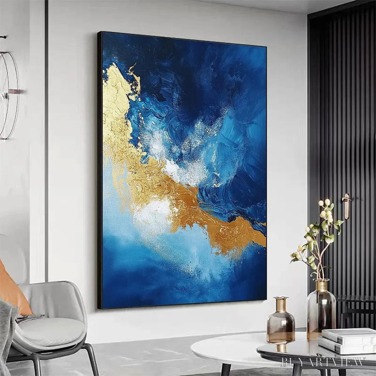 BUYARTVIEW Golden Tide – Vertical Abstract Painting, Blue, Gold - image 3