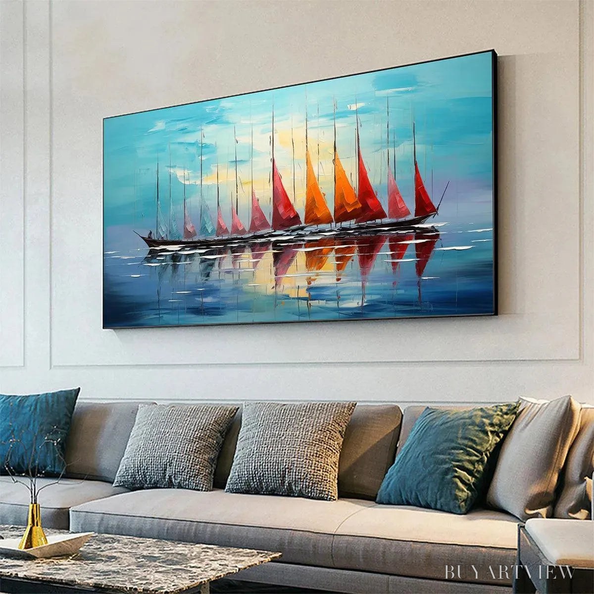 BUYARTVIEW Sailing Into Sunset – Panoramic Sailboat Painting - image 3