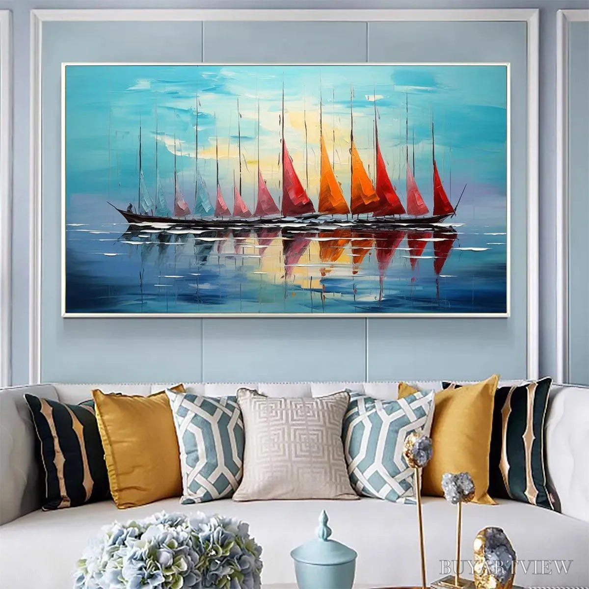 BUYARTVIEW Sailing Into Sunset – Panoramic Sailboat Painting - image 5