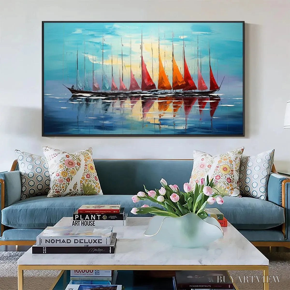 BUYARTVIEW Sailing Into Sunset – Panoramic Sailboat Painting - image 6