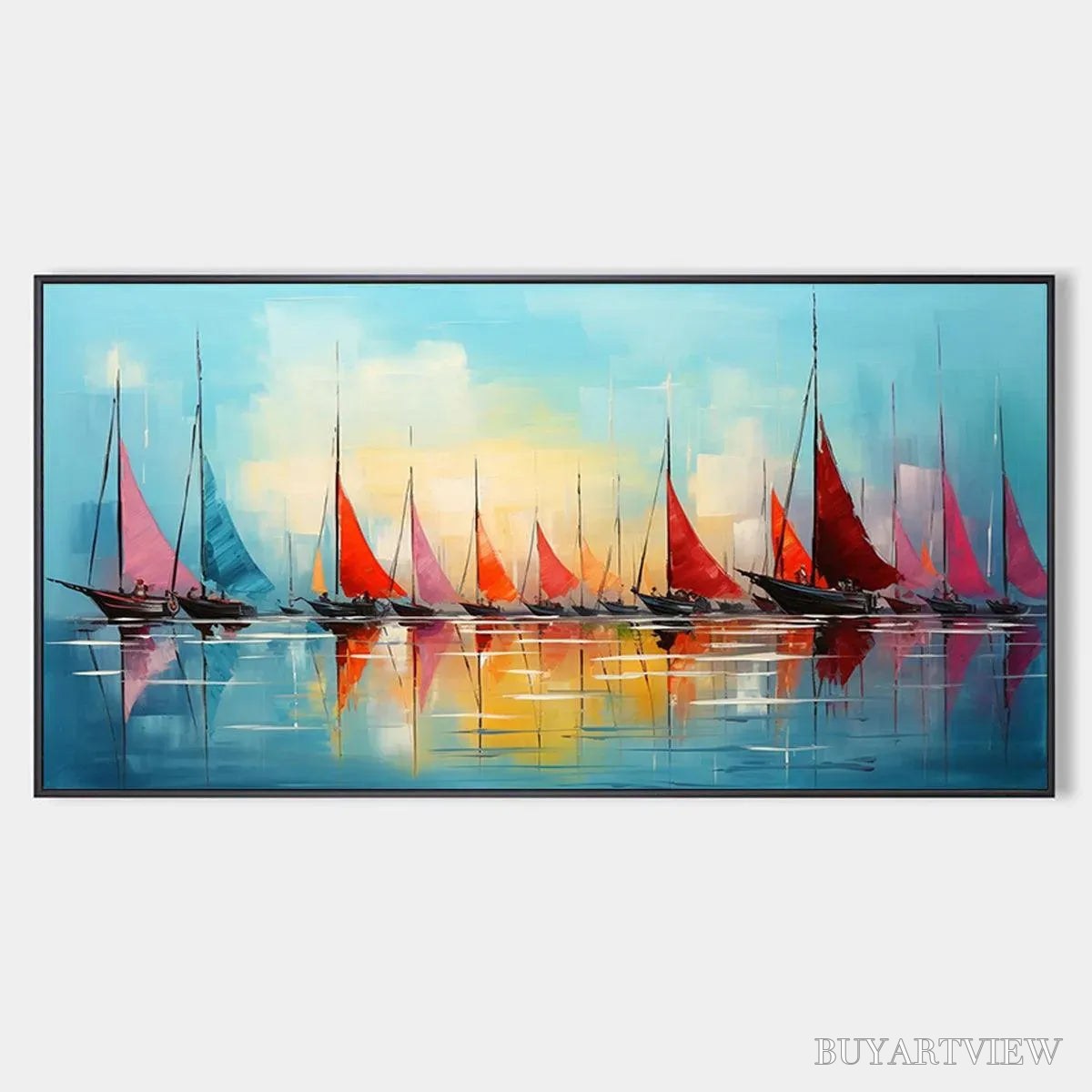 BUYARTVIEW Regatta At Dawn – Panoramic Sailboat Painting, Colorful Sunrise - image 1