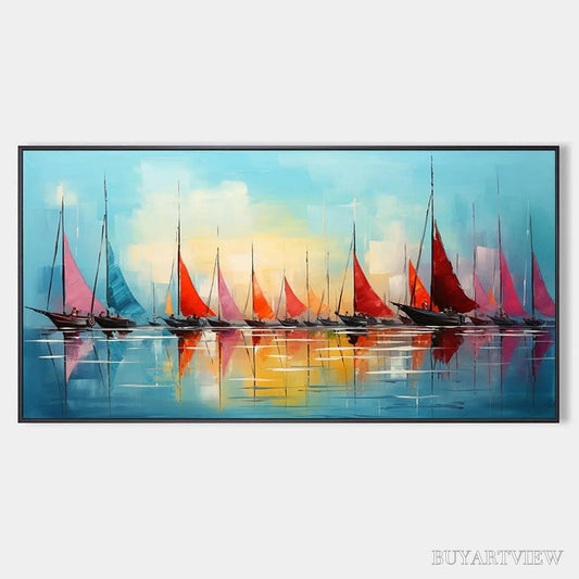BUYARTVIEW Regatta At Dawn – Panoramic Sailboat Painting, Colorful Sunrise - image 1